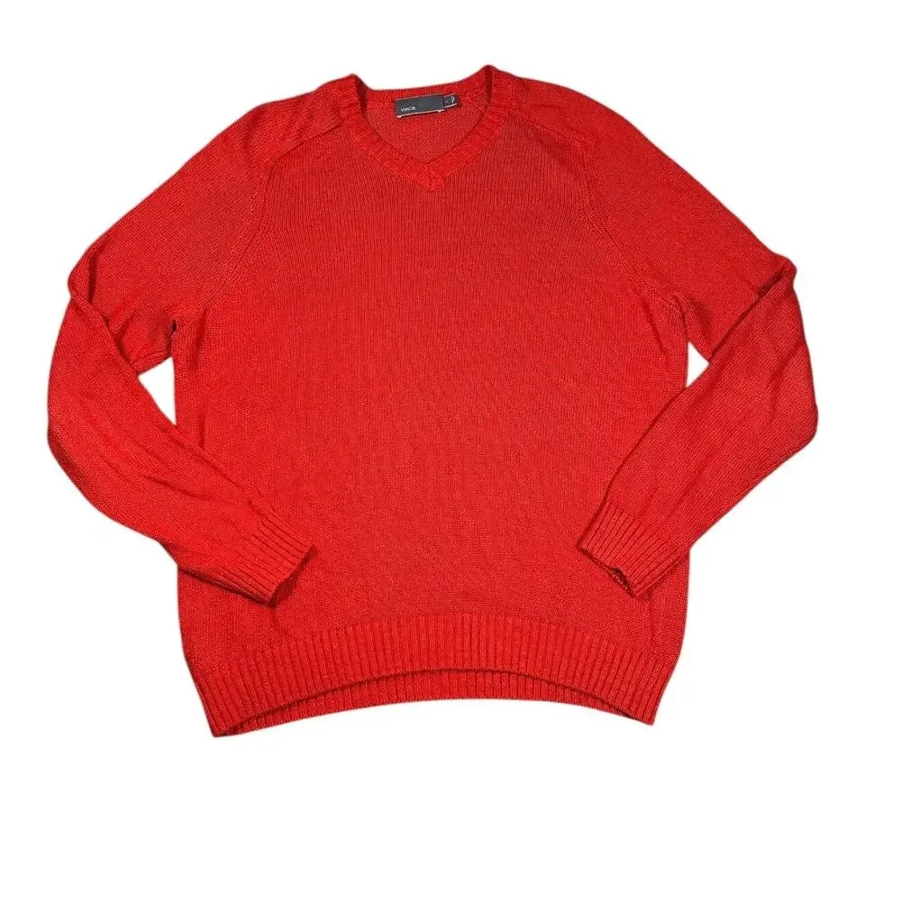 Vince 100% Linen V-Neck Sweater Mens L Red Orange Quiet Luxury Summer Knit